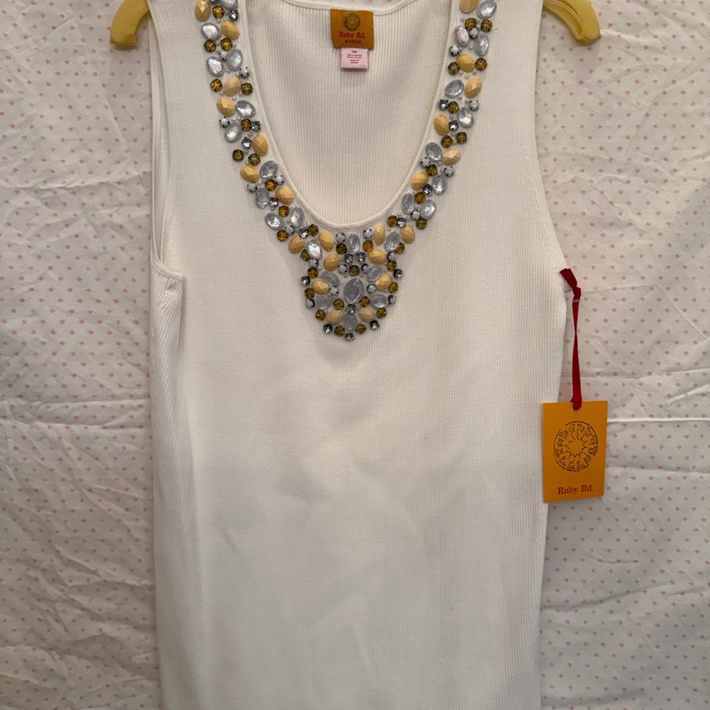 Ruby Rd. White Top with Yellow and Silver Embellishments